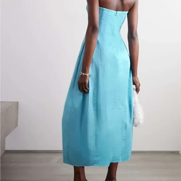 NWT CULT GAIA Chiara Sleeveless Blue Cotton-Blend Plunge Bubble Skirt Midi Dress - Picture 2 of 15